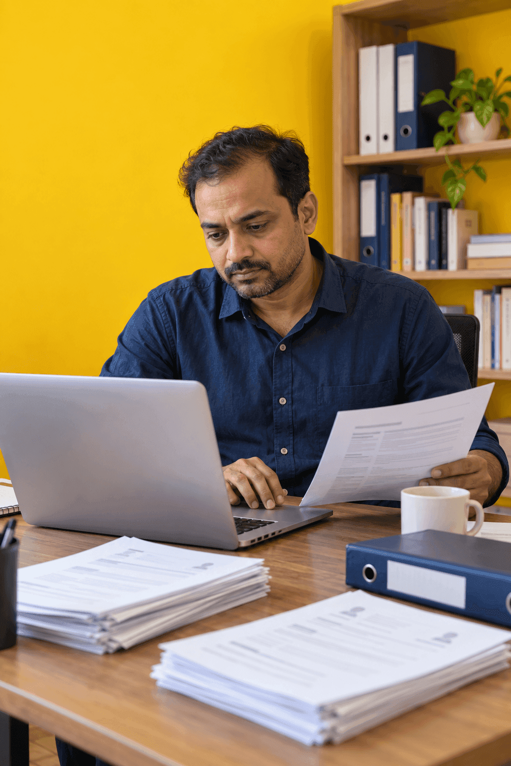 Recruiter surrounded by stacks of resumes at a cluttered desk